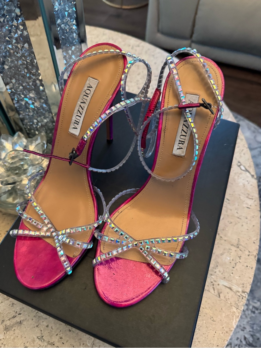Aquazzura Fuchsia Pink Crystal-Strap Stiletto Sandals